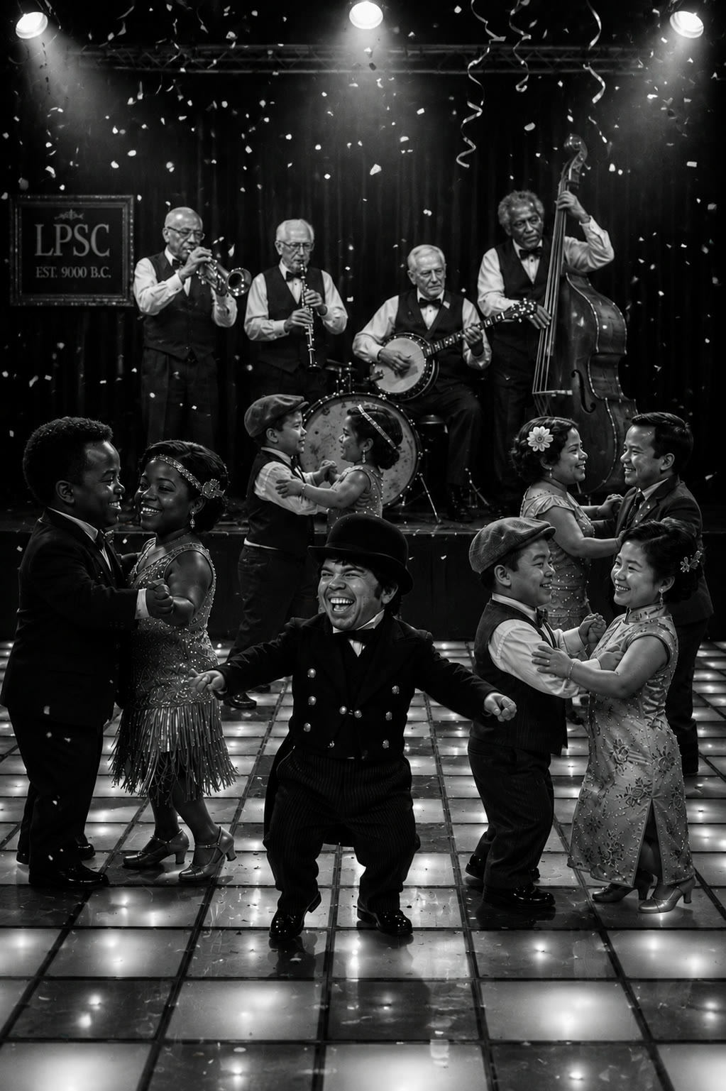 Little People Social Club members dancing to a live band on a lit floor, beneath falling confetti